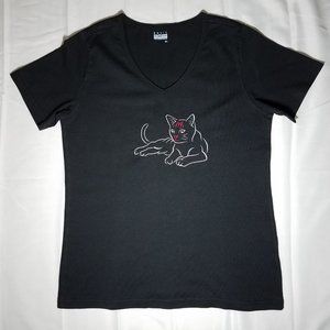 Black V-neck short sleeve women's cotton t-shirt small "upcycled" cat embroidery